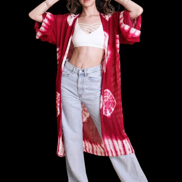 Berry Tie Dye Kimono Long Length Sleeve One Size Boho Duster Cardigan Hand Dyed - Picture 1 of 2